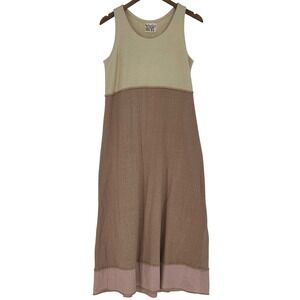 Coastal Textured Knit Maxi Minimalist Colorblock Dress Brown Cream 1X Boho